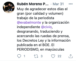 Tweet sobre Civio de Rubén Moreno