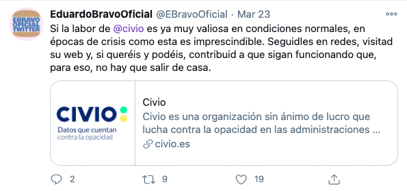 Tweet sobre Civio de Eduardo Bravo