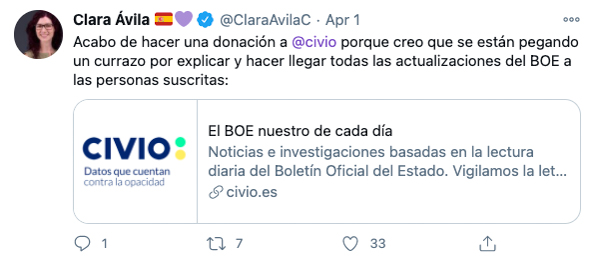 Tweet sobre Civio de Clara Ávila