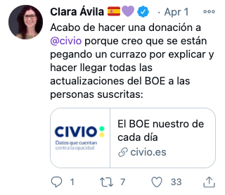 Tweet sobre Civio de Clara Ávila