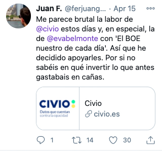 Tweet sobre Civio de Juan F