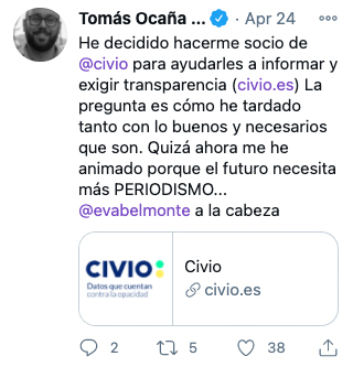 Tweet sobre Civio de Tomás Ocaña