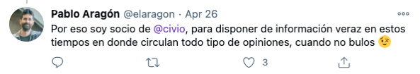 Tweet sobre Civio de Pablo Aragón