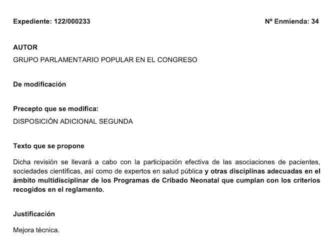 La enmienda que sirve de percha: una «mejora técnica» del PP sobre la participación de pacientes y sociedades científicas en el cribado neonatal