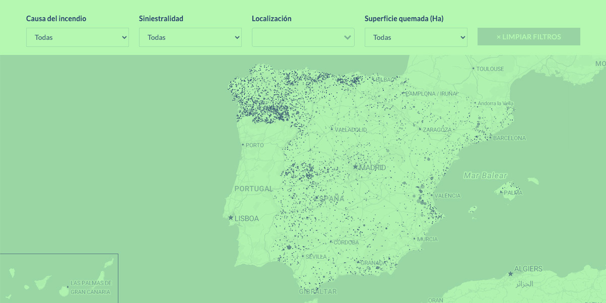 Actualizamos el mapa de España en Llamas con datos de más de 230.000 incendios