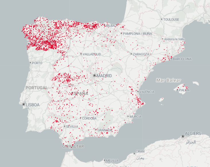 Vista del mapa con incendios iniciados de manera intencionada