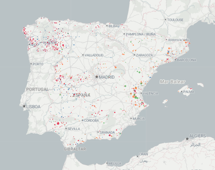 Vista del mapa con incendios de más de 500 hectáreas