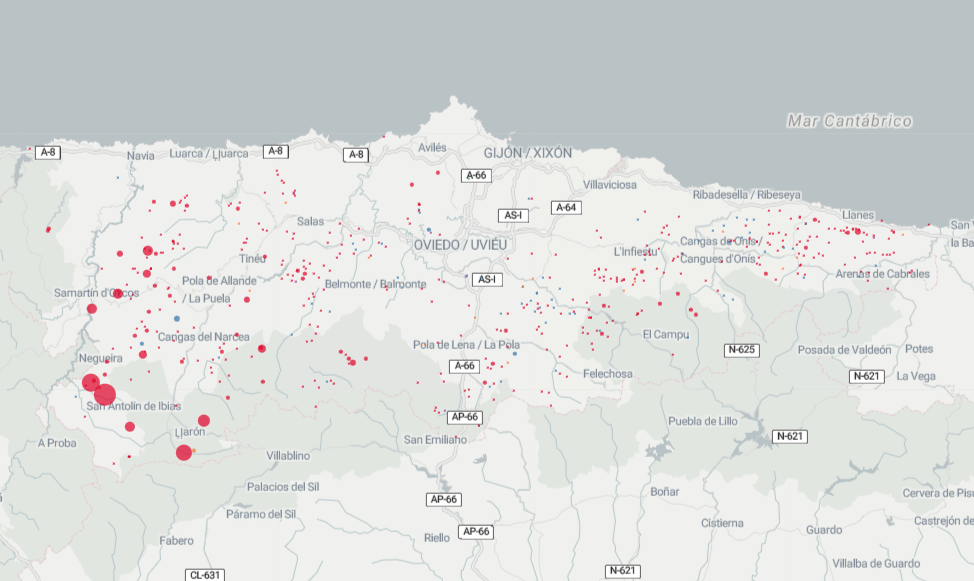 Vista del mapa con zoom en Asturias