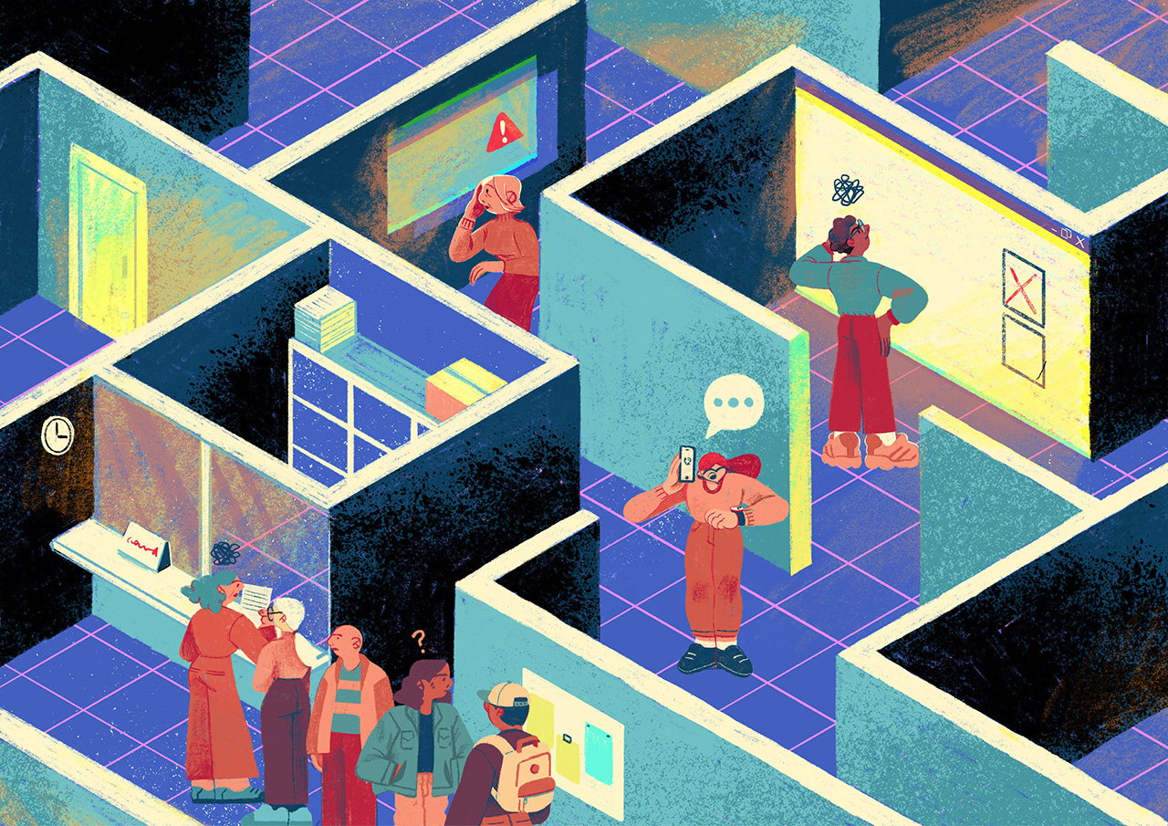 Ilustración de un grupo de personas perdidas en un laberinto burocrático
