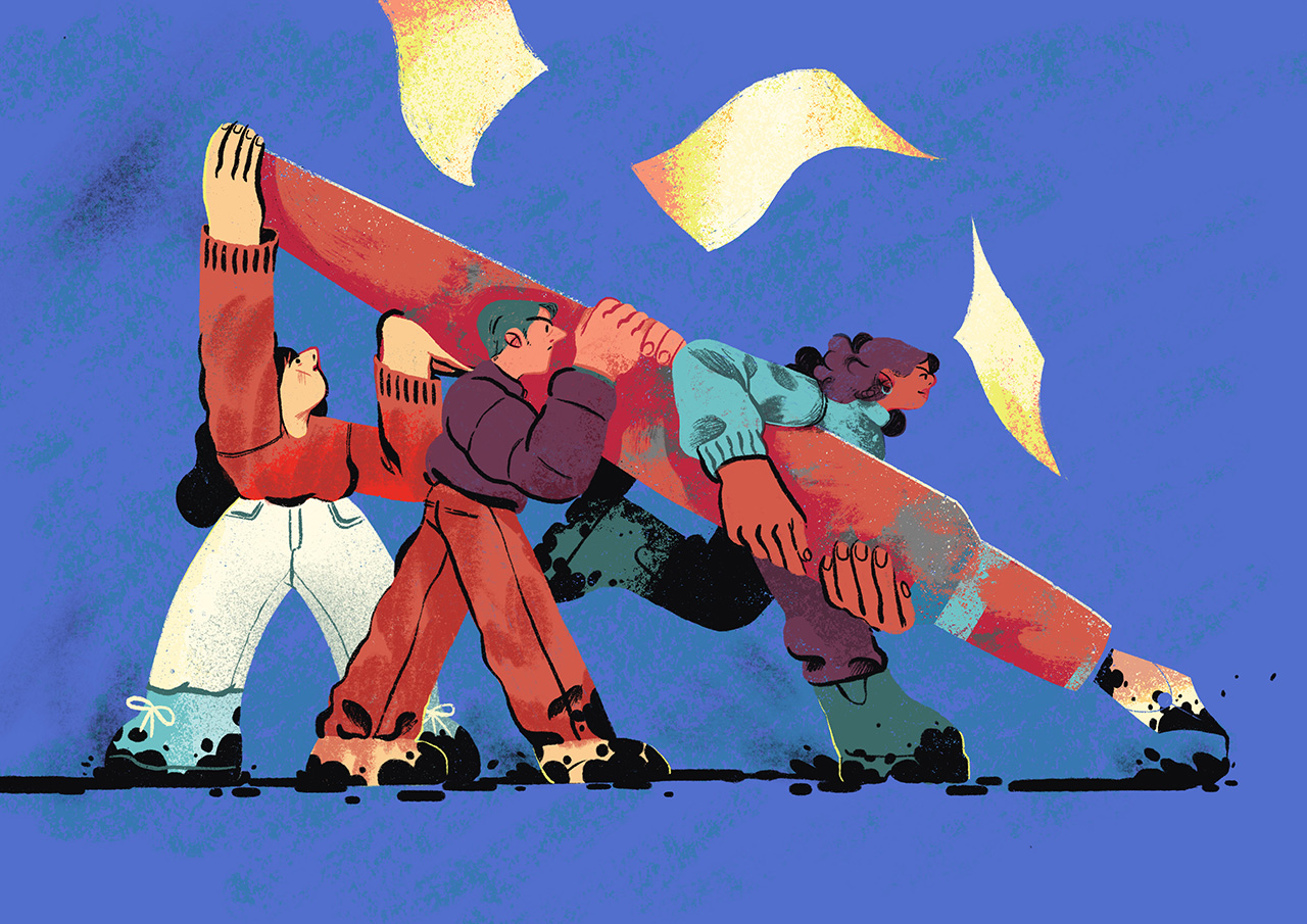 Ilustración de un grupo de personas batallando con una pluma estilográfica como arma
