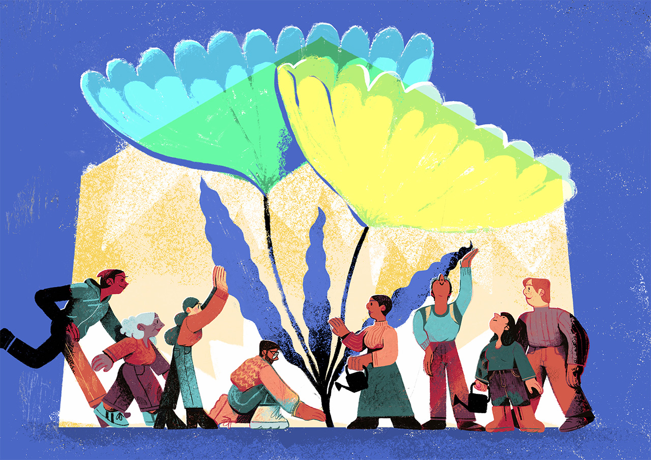 Ilustración de un grupo de personas cultivando un jardín